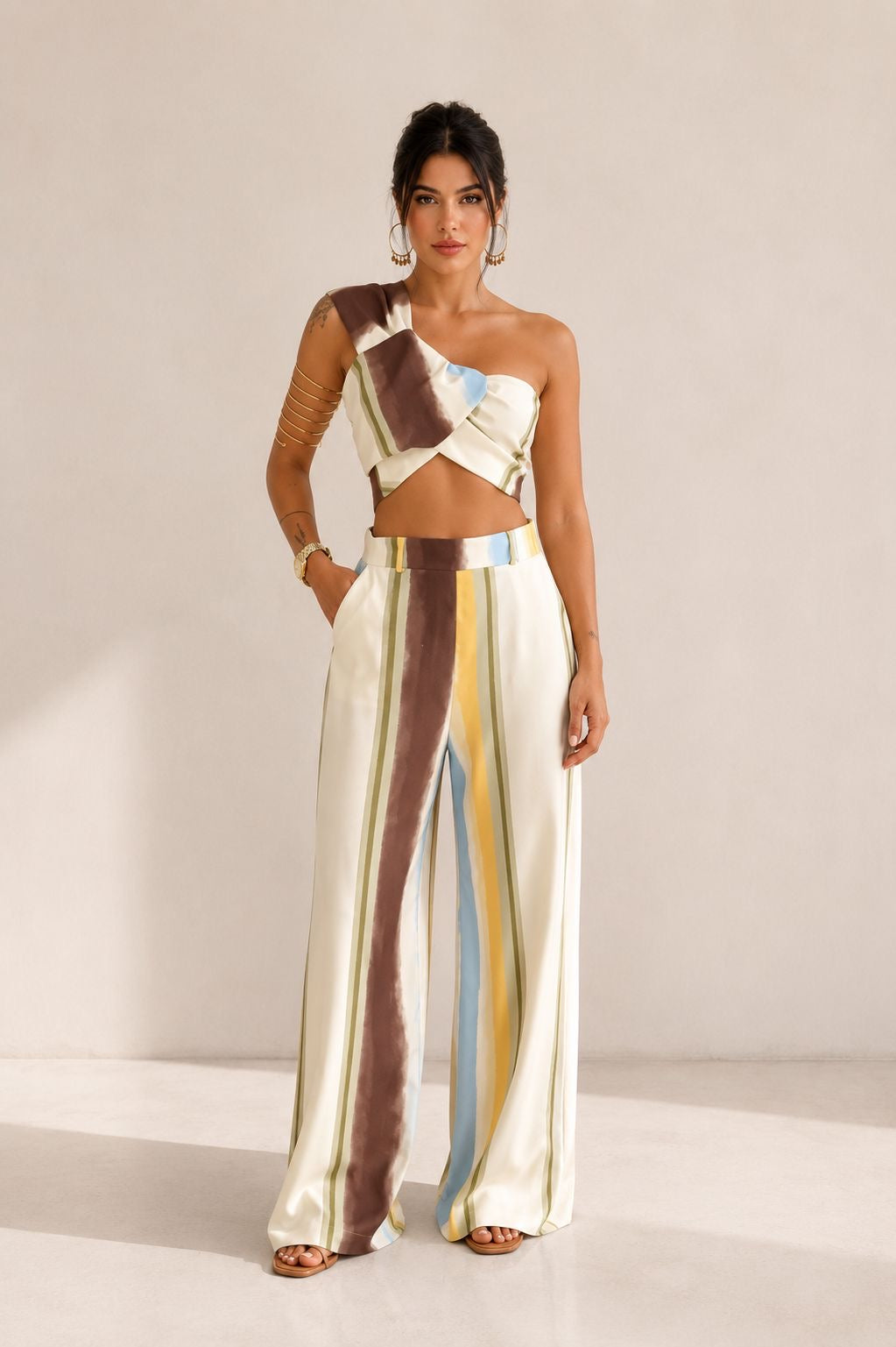 Painted Stripe One-Shoulder Wide-Leg Set