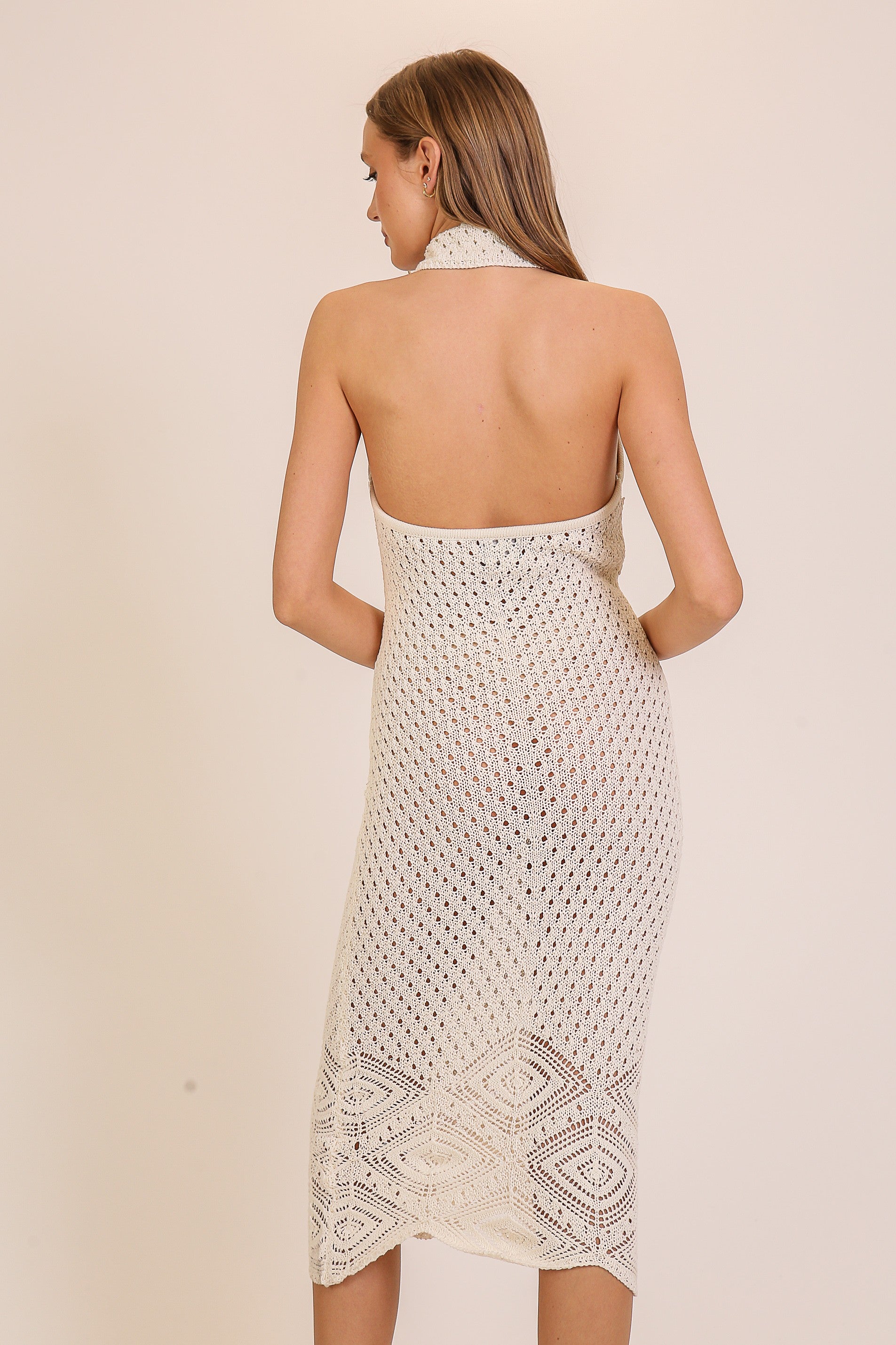 IBIZA CROCHET HALTER DRESS — WHITE