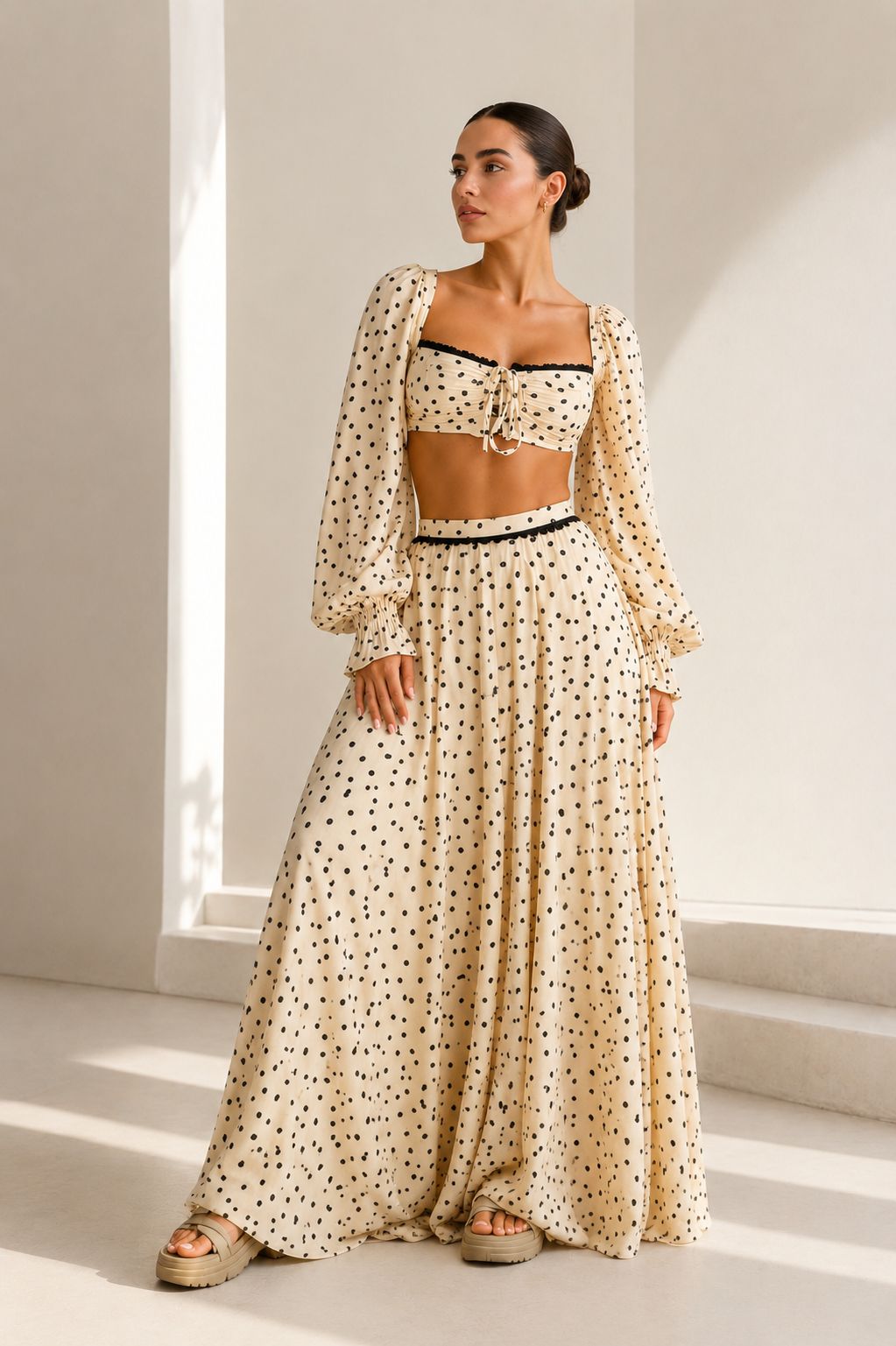 Siena Polka Dot Two-Piece Set – Long Skirt & Crop Top