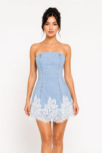 Light Wash Denim Lace-Trim Strapless Mini Dress