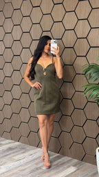 Olive Structured Gold-Ring Mini Dress