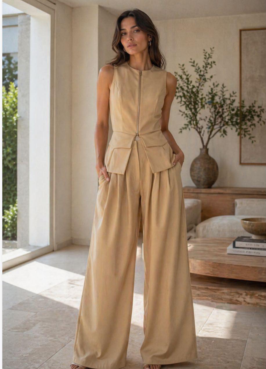 Khaki Zip-Front Peplum Vest and Wide-Leg Set