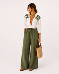 Embroidered Palm Shirt and Olive Wide-Leg Pant Set